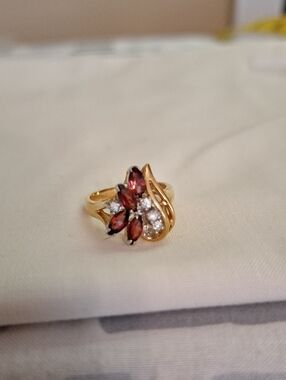 Gold Garnet and Diamond Cluster Ring, Sz 7